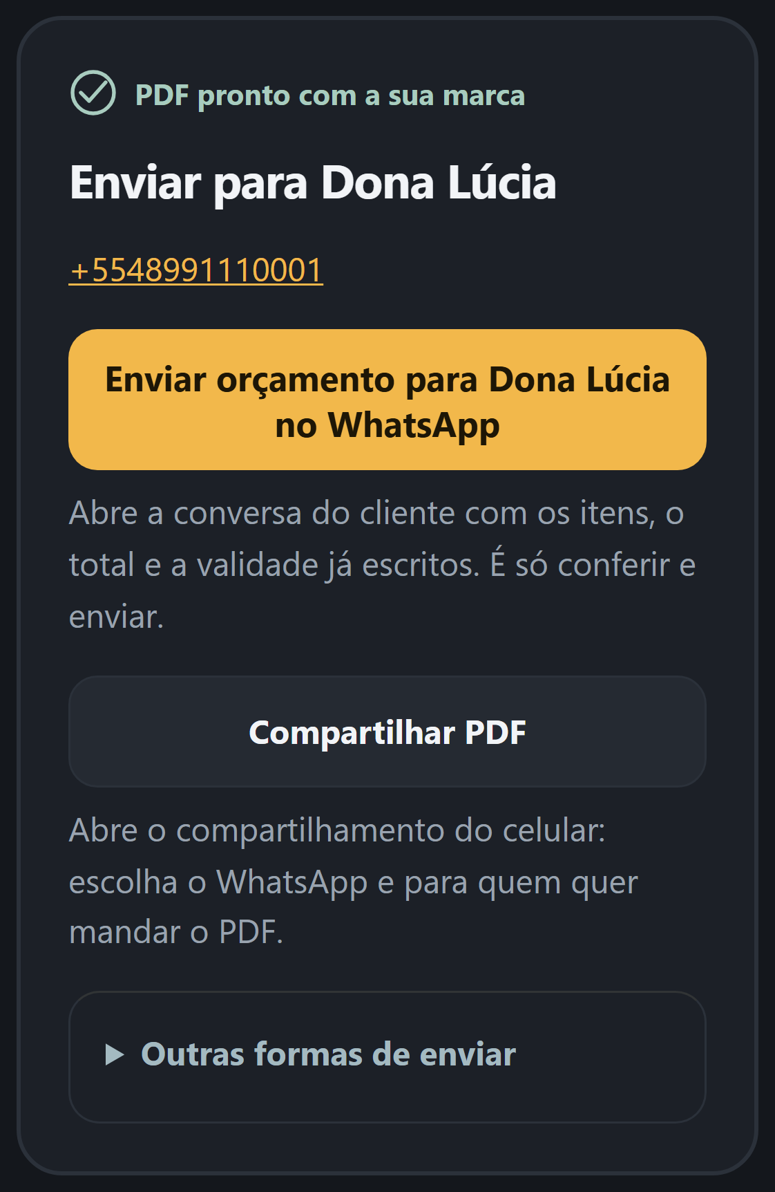 Tela de envio do orçamento com o botão Enviar orçamento no WhatsApp