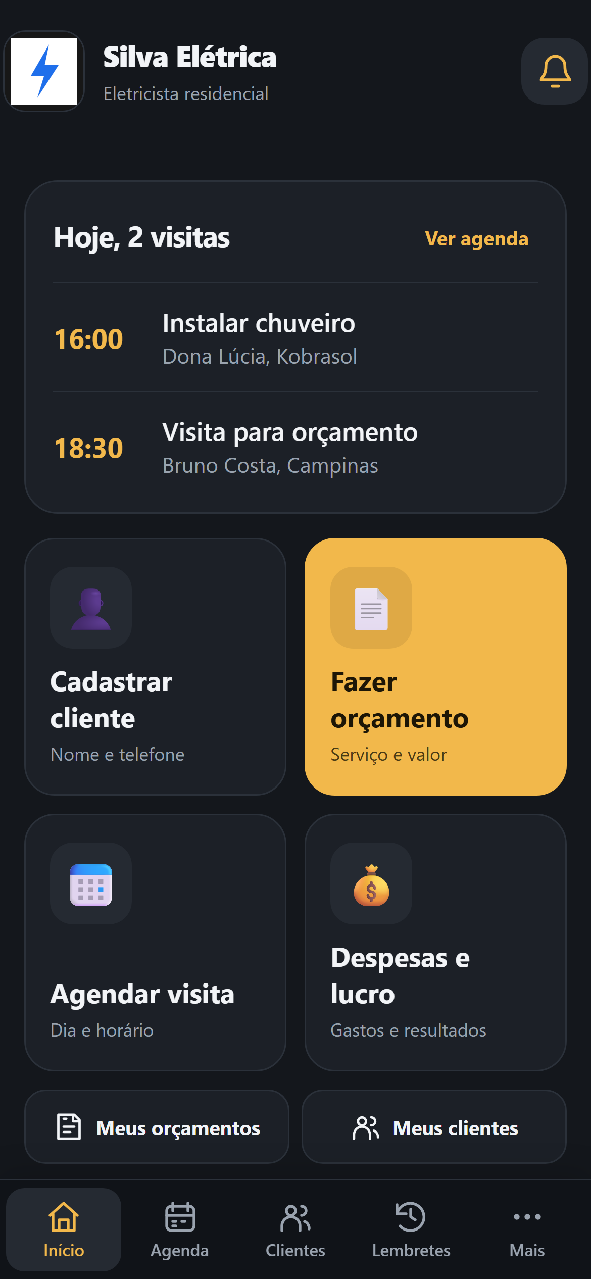 Tela inicial do Caderno Pro: visitas de hoje e botões de cadastrar cliente, fazer orçamento, agendar visita e despesas e lucro